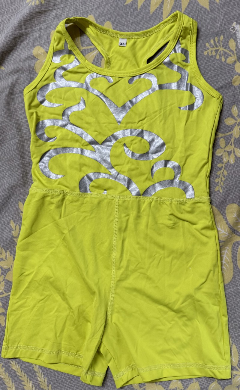 Đồ Aerobic Thiếu Nhi – Liền Quần Xanh Neon Bạc (Size XL)